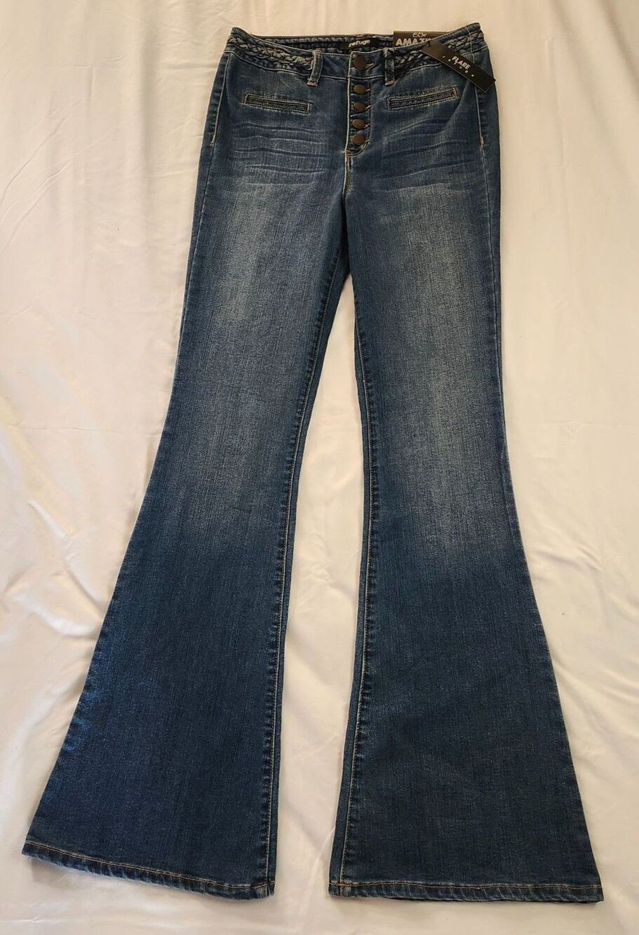 Charlotte Russe Refuge Hi Waist Flared Jeans 8L (30x32.5) Dark Wash Braided NWT